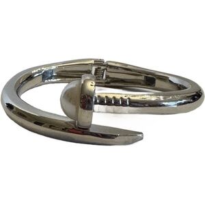 Faux Pearl Silver Tone Hinged Nail Bangle Bracelet Jewelry